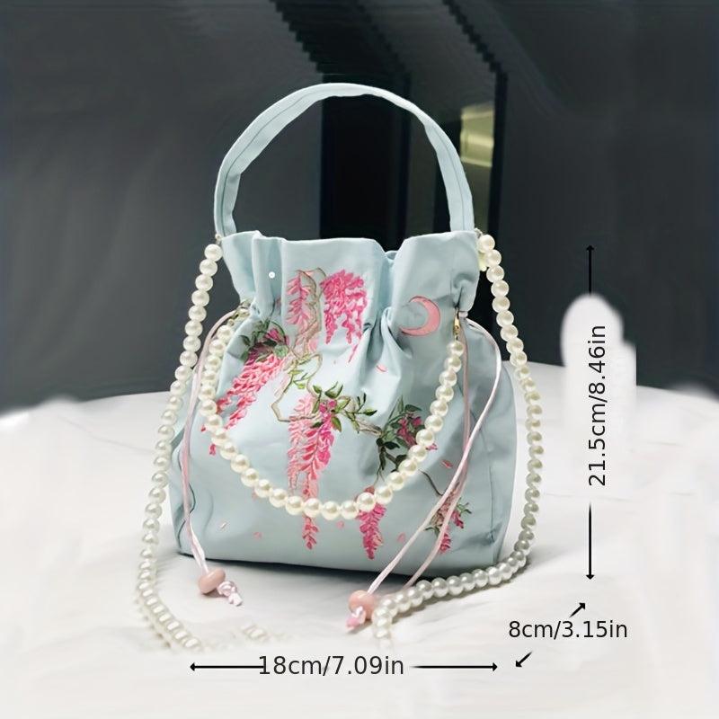 Chinese Style Drawstring Bag Floral Embroidered Bucket Bag Crossbody Purse