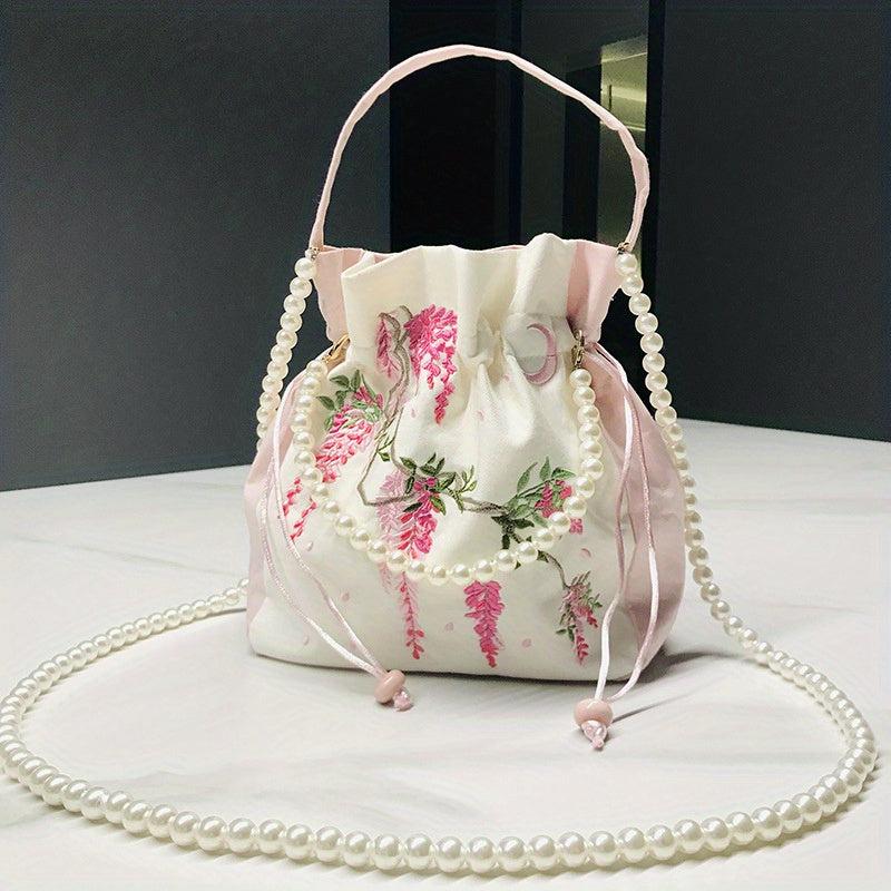 Chinese Style Drawstring Bag Floral Embroidered Bucket Bag Crossbody Purse