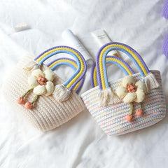 Puff Floral Decor Handabg Double Rainbow Handle Straw Beach Bag