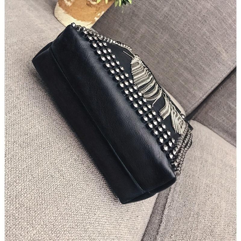 Y2K Studded Square Crossbody Bag Fringe Handbag