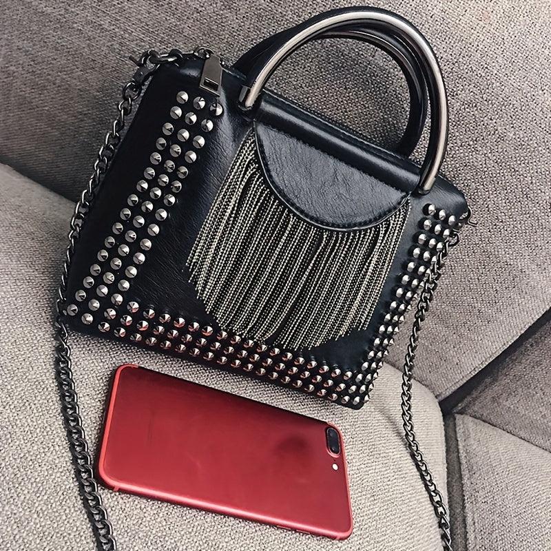 Y2K Studded Square Crossbody Bag Fringe Handbag