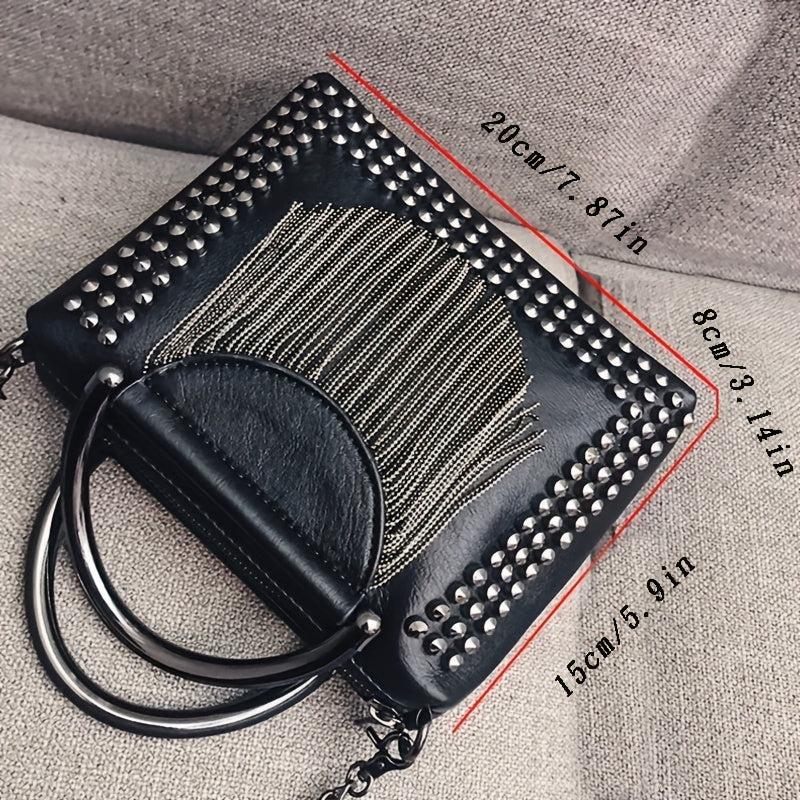 Y2K Studded Square Crossbody Bag Fringe Handbag