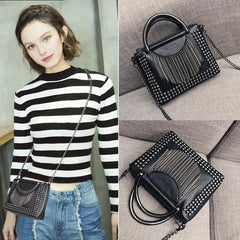 Y2K Studded Square Crossbody Bag Fringe Handbag