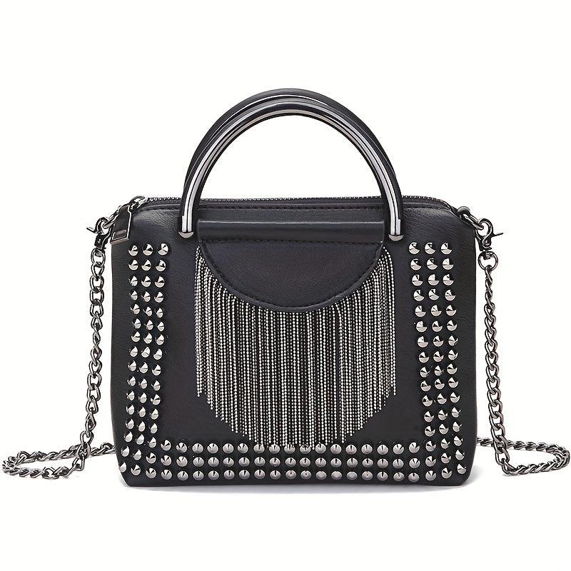 Y2K Studded Square Crossbody Bag Fringe Handbag