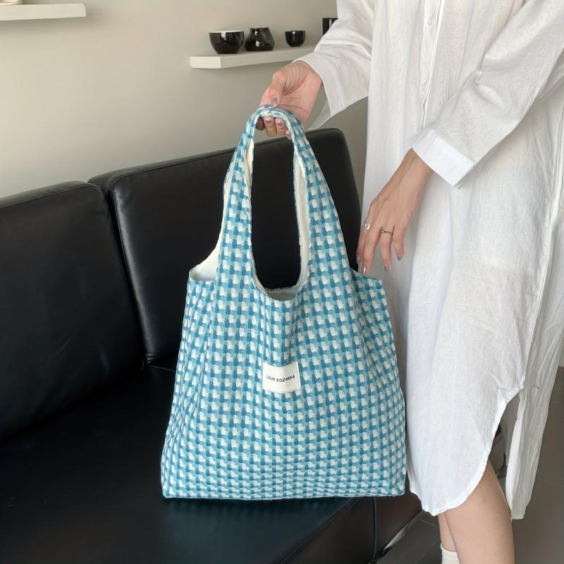 Plaid Canvas Tote Bag Lightweight Shoulder Bag