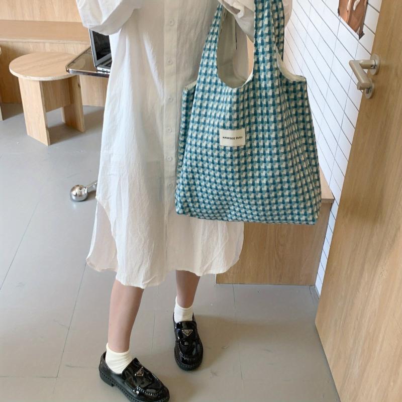 Plaid Canvas Tote Bag Lightweight Shoulder Bag