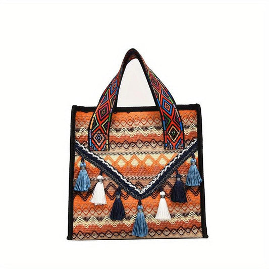 Bohemian Tassel Decor Tote Bag Ethnic Style Canvas Handbag Zipper Purse