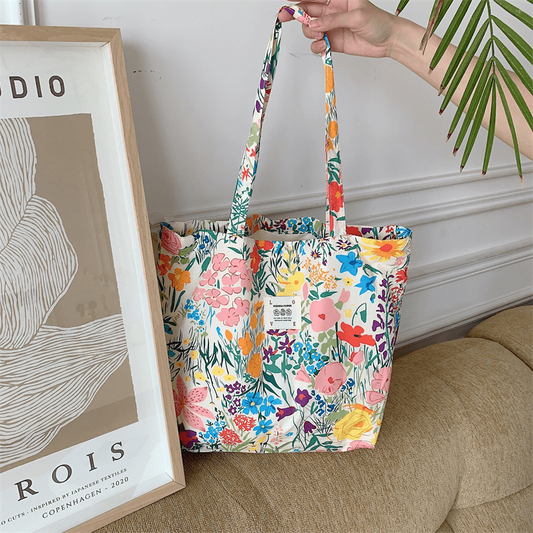 Flower Pattern Canvas Tote Bag Large Capacity Lightweight Shoulder Bag