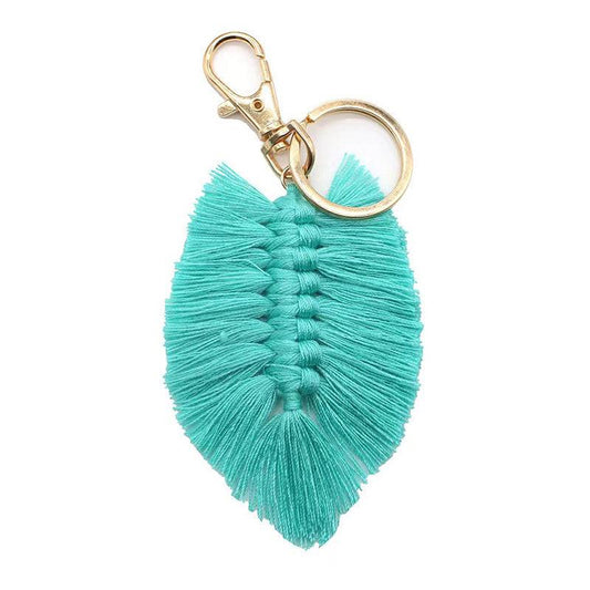 Braided Rainbow Tassel Keychain Boho Leaf Macrame Pendant Vintage Keyring