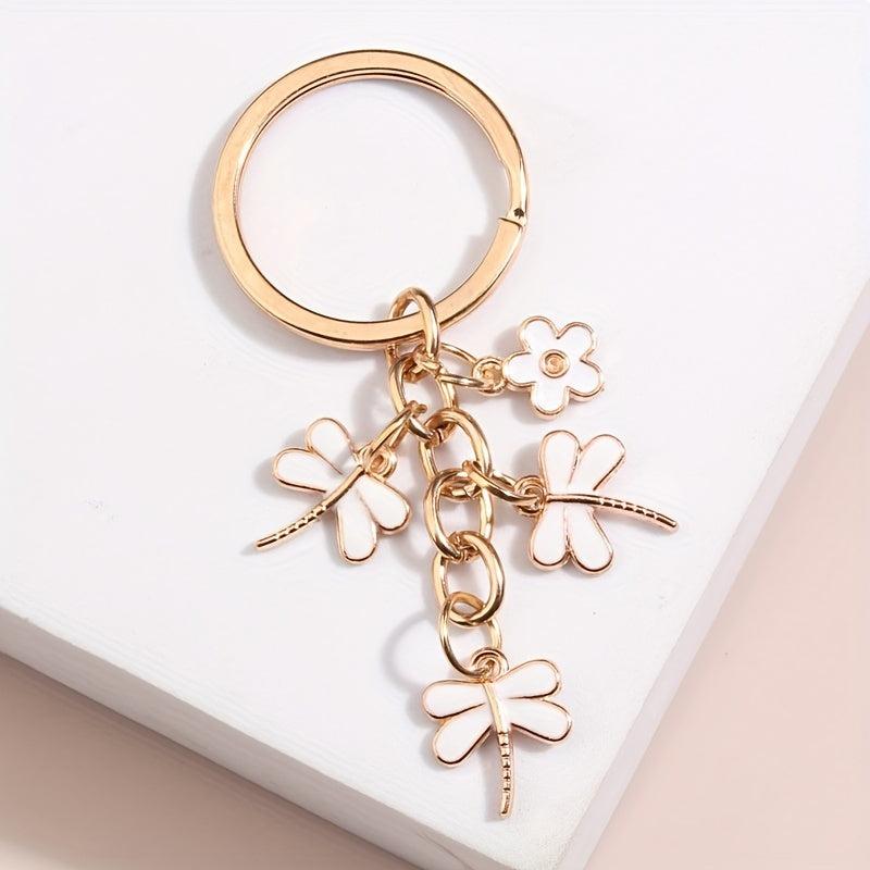 Cartoon Dragonfly & Flower Keychain Metal Key Ring Bag Charm Accessory