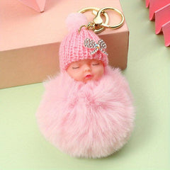 Sleeping Baby Doll Keychain Fur Ball Car Keyring Bag Handbag Key Ring