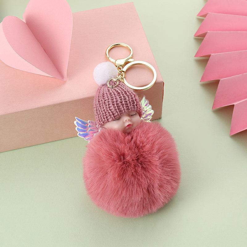 Sleeping Baby Doll Keychain Fur Ball Car Keyring Bag Handbag Key Ring