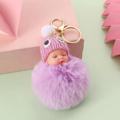 Sleeping Baby Doll Keychain Fur Ball Car Keyring Bag Handbag Key Ring