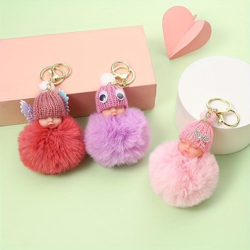 Sleeping Baby Doll Keychain Fur Ball Car Keyring Bag Handbag Key Ring
