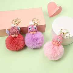 Sleeping Baby Doll Keychain Fur Ball Car Keyring Bag Handbag Key Ring
