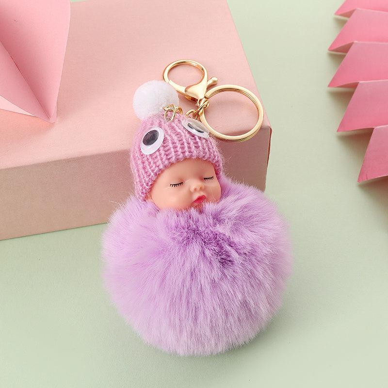 Sleeping Baby Doll Keychain Fur Ball Car Keyring Bag Handbag Key Ring