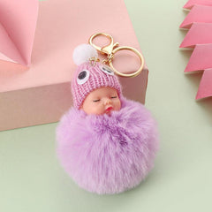 Sleeping Baby Doll Keychain Fur Ball Car Keyring Bag Handbag Key Ring