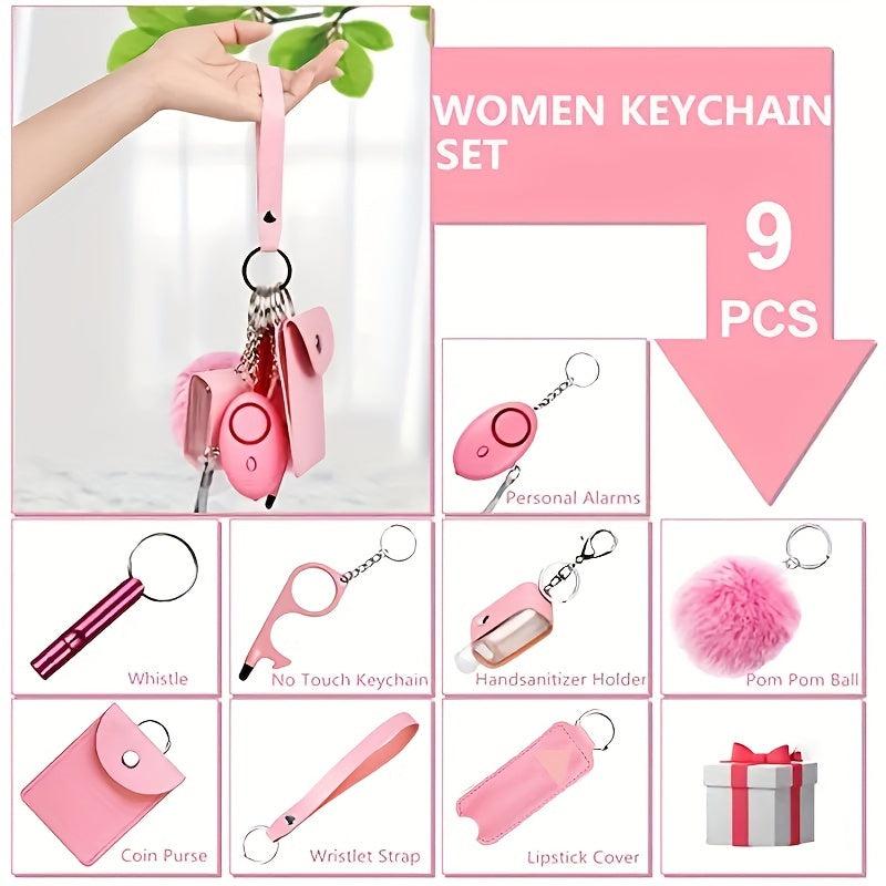 9 Pcs Women's Keychain Set With Safety Alarm Keychain