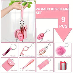 9 Pcs Women's Keychain Set With Safety Alarm Keychain