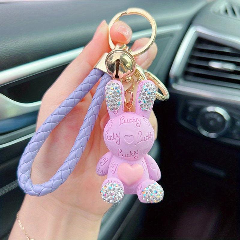 Rhinestone Letter Rabbit Keychain Lucky Key Ring Bag Pendant Gift