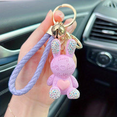 Rhinestone Letter Rabbit Keychain Lucky Key Ring Bag Pendant Gift