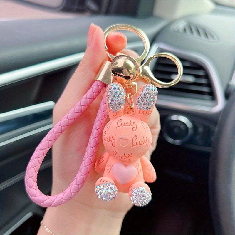 Rhinestone Letter Rabbit Keychain Lucky Key Ring Bag Pendant Gift