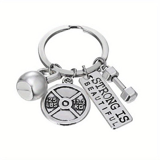 Vintage Silver Barbell Dumbbell Gym Weightlifting Keychain Key Ring