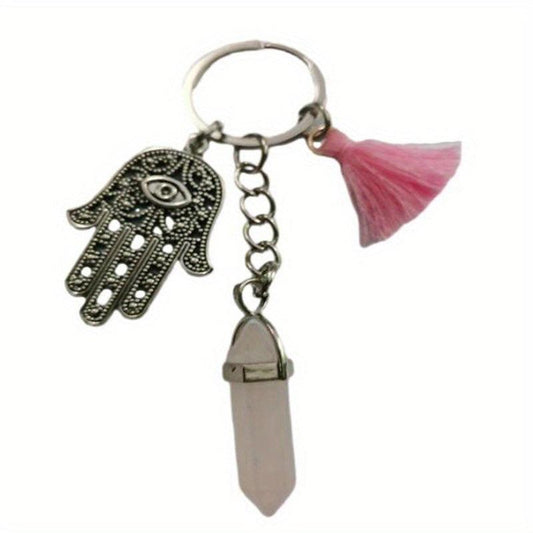 Natural Stone Quartz Crystal Hex Keychain Car Chakra Healing Evil Eye