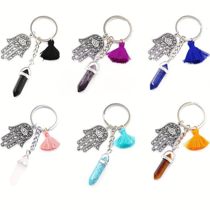 Natural Stone Quartz Crystal Hex Keychain Car Chakra Healing Evil Eye