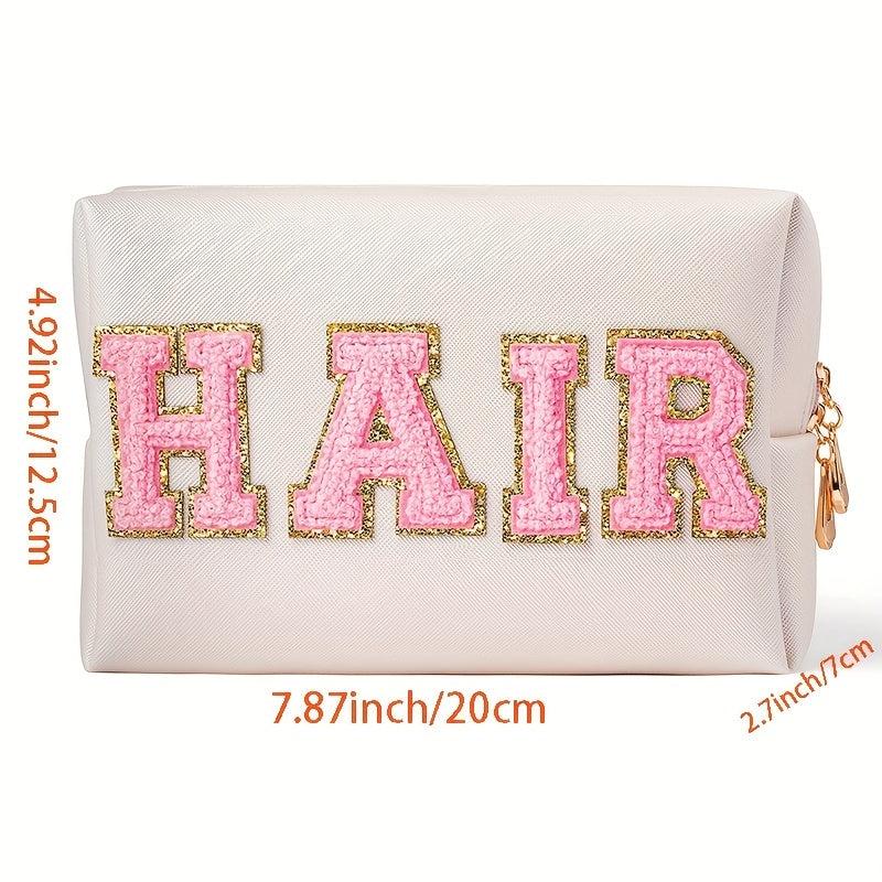 Plush Letter Patched Makeup Pouch Zipper Cosmetic Bag