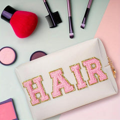 Plush Letter Patched Makeup Pouch Zipper Cosmetic Bag