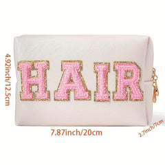 Plush Letter Patched Makeup Pouch Zipper Cosmetic Bag