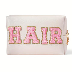 Plush Letter Patched Makeup Pouch Zipper Cosmetic Bag