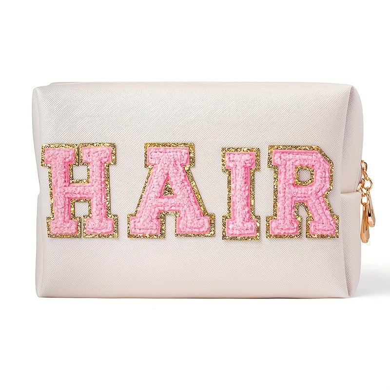 Plush Letter Patched Makeup Pouch Zipper Cosmetic Bag