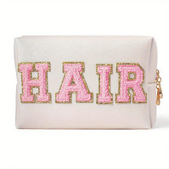 Plush Letter Patched Makeup Pouch Zipper Cosmetic Bag