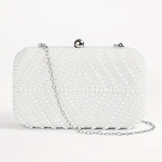 Pearl Decor Metal Chain Kiss Lock Clutch Elegant Frame Purse