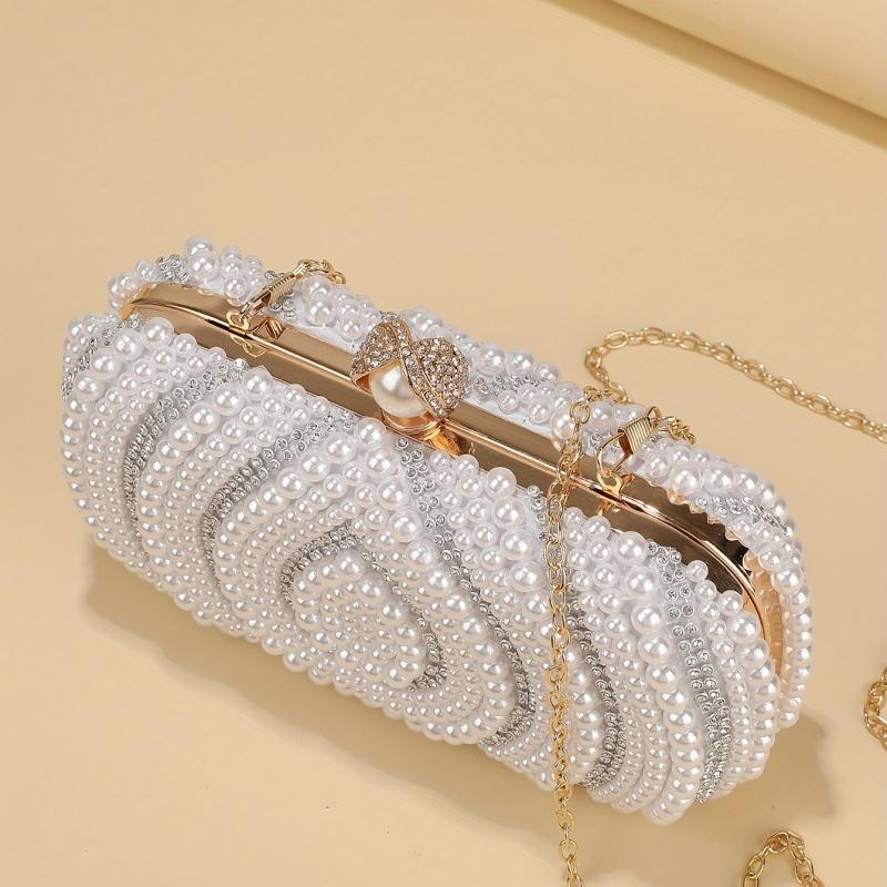 Bead Decor Clutch Bag Glitter Evening Bag Chain Strap