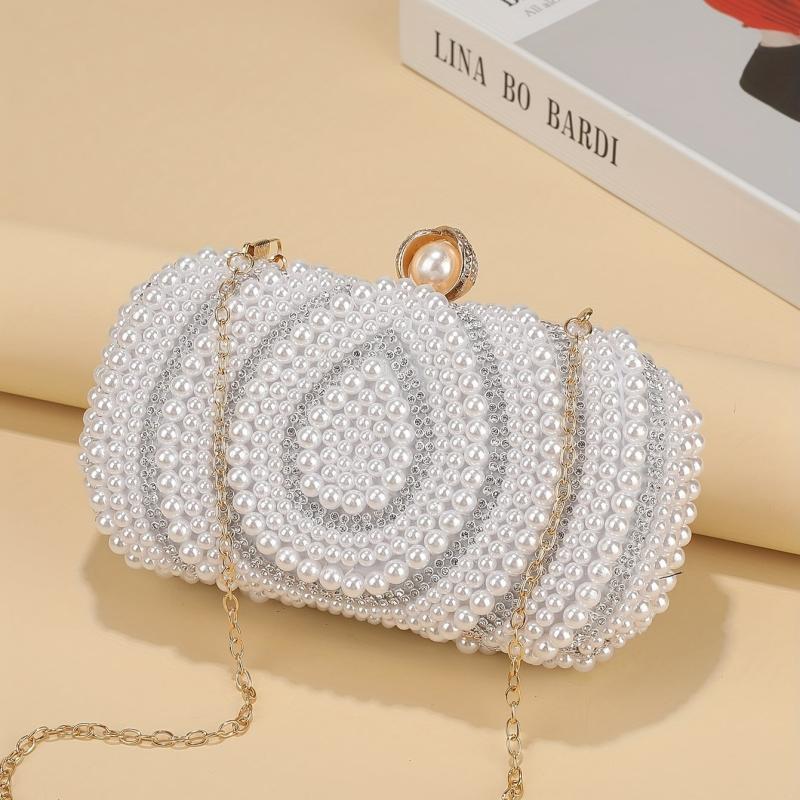 Bead Decor Clutch Bag Glitter Evening Bag Chain Strap