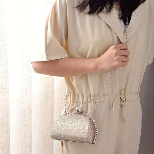 Elegent Pearl Decor Crossbody Clutch Bag Glitter Textured PU Frame Bag