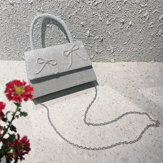 Rhinestone Bow Chain Satchel Bag Textured PU Flap Celebrity Evening Bag