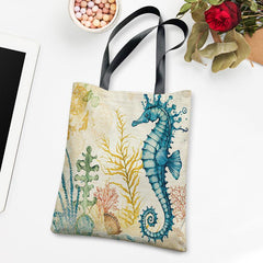 Seahorse Print Canvas Handbag Lightweight Shoulder Bag