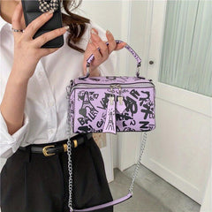 Letter Graffiti Crossbody Square Bag PU Leather Textured Bag