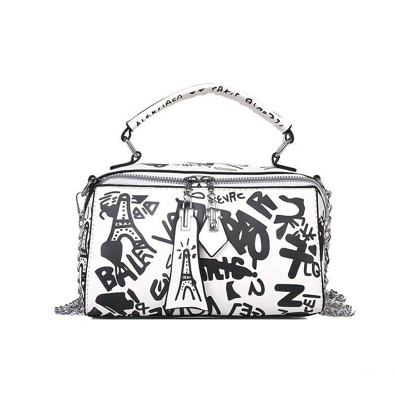 Letter Graffiti Crossbody Square Bag PU Leather Textured Bag
