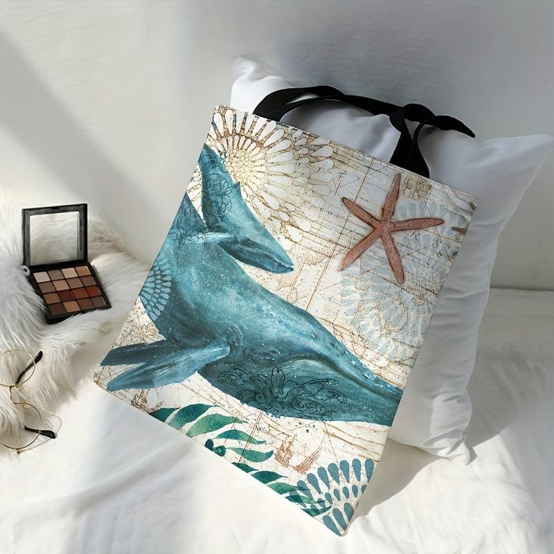 Seaweed Whale Canvas Tote Bag Cartoon Travel Beach Shoulder Bag