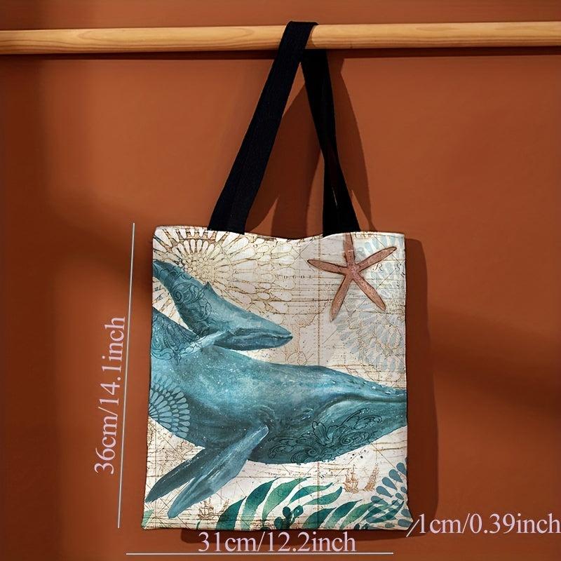 Seaweed Whale Canvas Tote Bag Cartoon Travel Beach Shoulder Bag