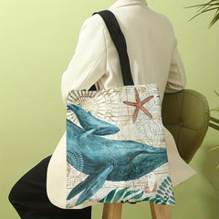 Seaweed Whale Canvas Tote Bag Cartoon Travel Beach Shoulder Bag