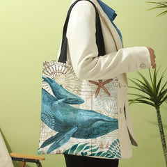Seaweed Whale Canvas Tote Bag Cartoon Travel Beach Shoulder Bag