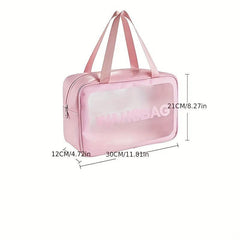 Pink Waterproof Transparent Cosmetic Bag Large Capacity PU Leather Storage Bag