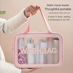 Pink Waterproof Transparent Cosmetic Bag Large Capacity PU Leather Storage Bag