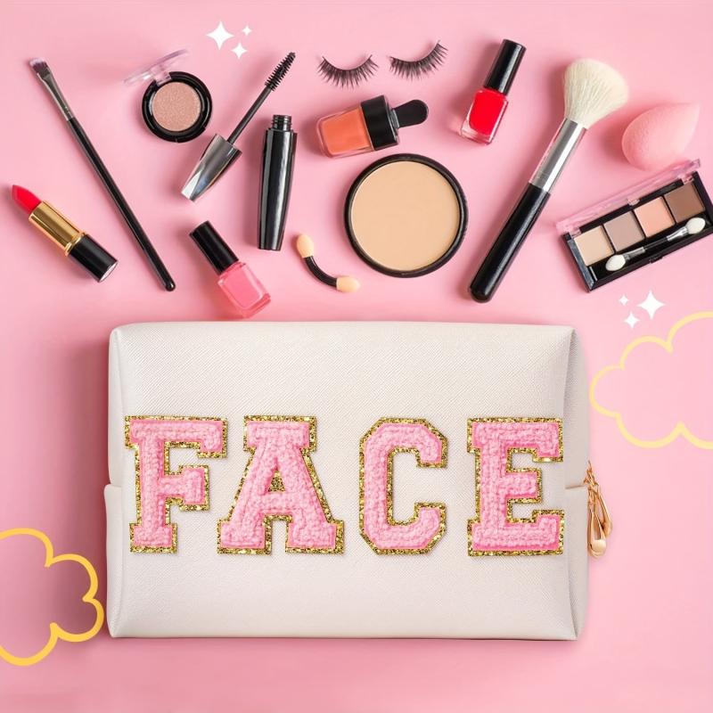 Plush Letter Patched Makeup Pouch Zipper Storage Bag